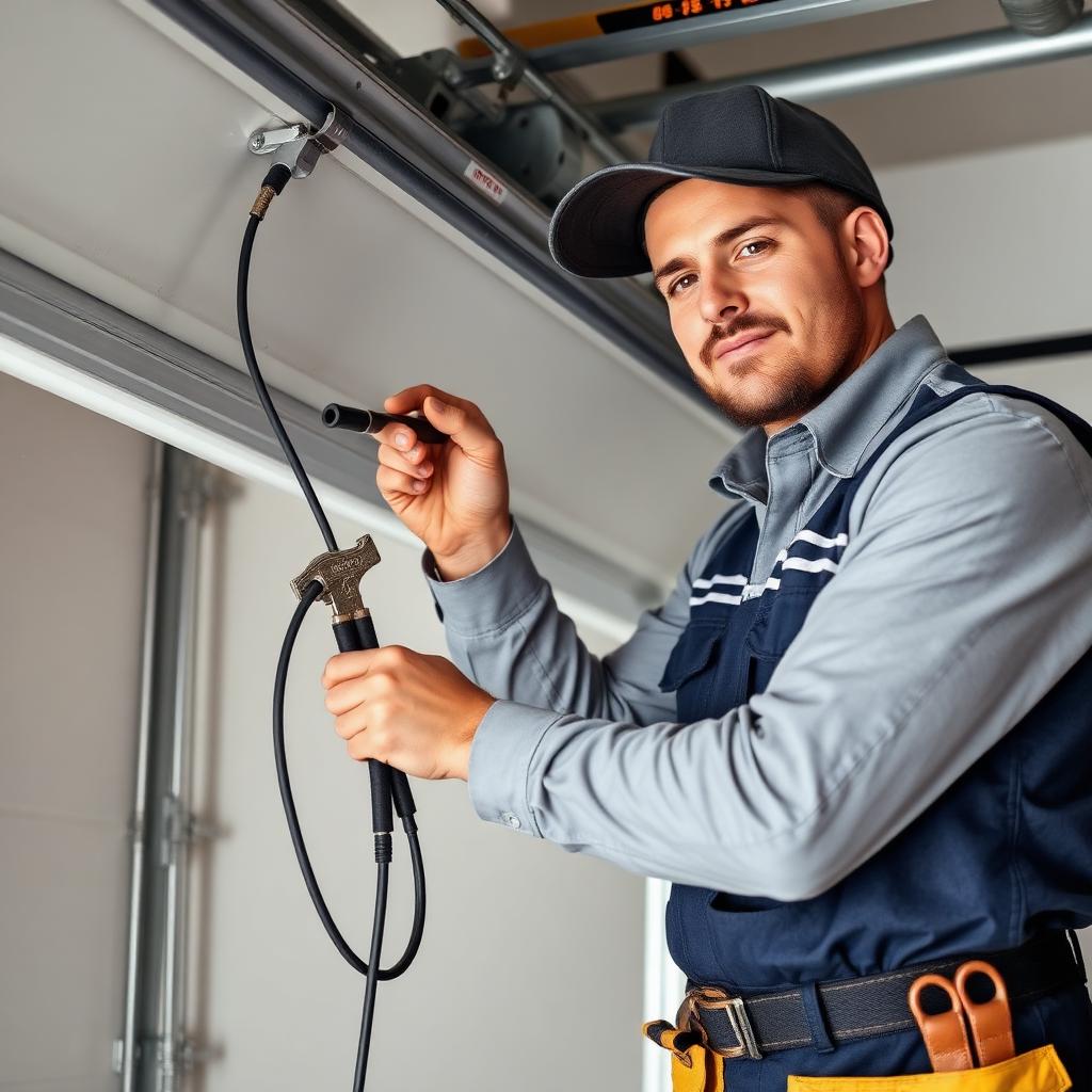 Professional garage door technician repairing cable in Williamson NY